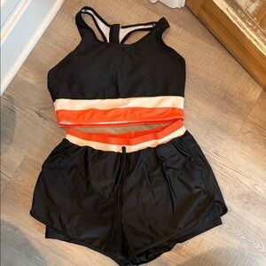 Black swimsuit Two-Piece Set with Orange and Cream Bands size large